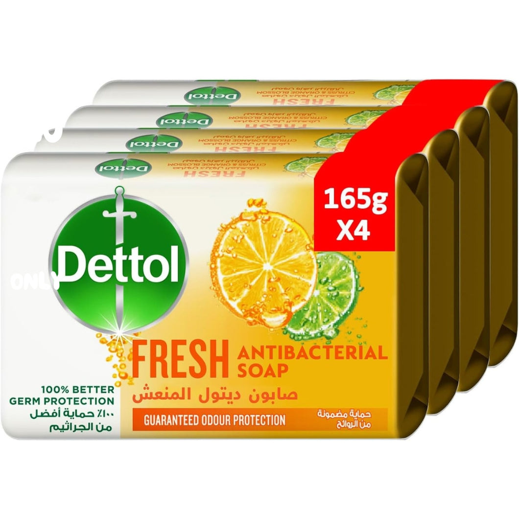 Dettol Fresh Anti-Bacterial Bathing Soap Bar, Citrus & Orange Blossom Fragrance, 165G - Pack Of 4